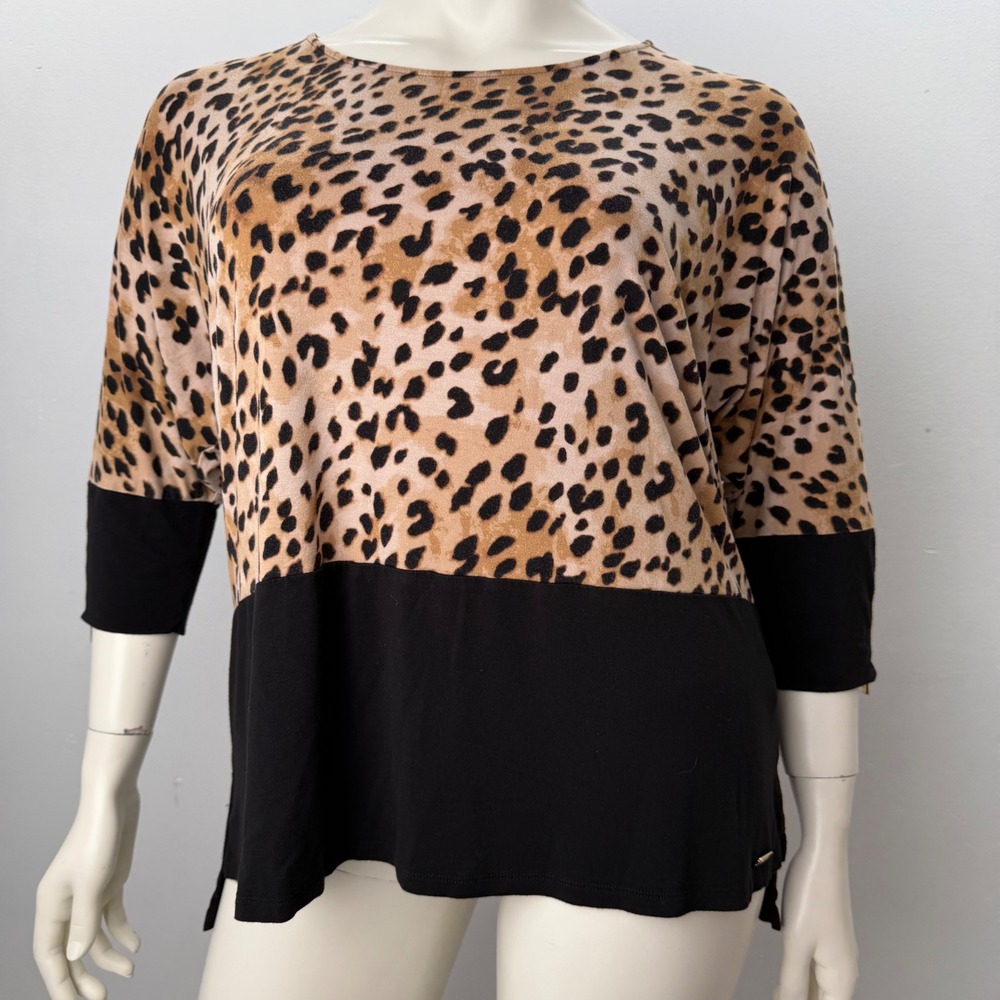 Calvin Klein Leopard Print Colorblock Top‎ Gold Zipper Cuff Tunic Black Tan XL